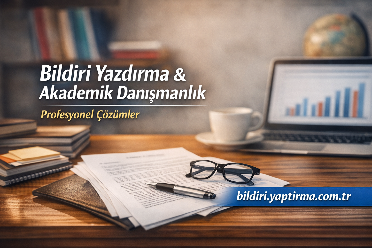 "Bildiri Yazdırma & Akademik Danışmanlık" – Profesyonel Çözümler; bildiri.yaptirma.com.tr; desk with papers, glasses, pen, and a laptop showing a chart.