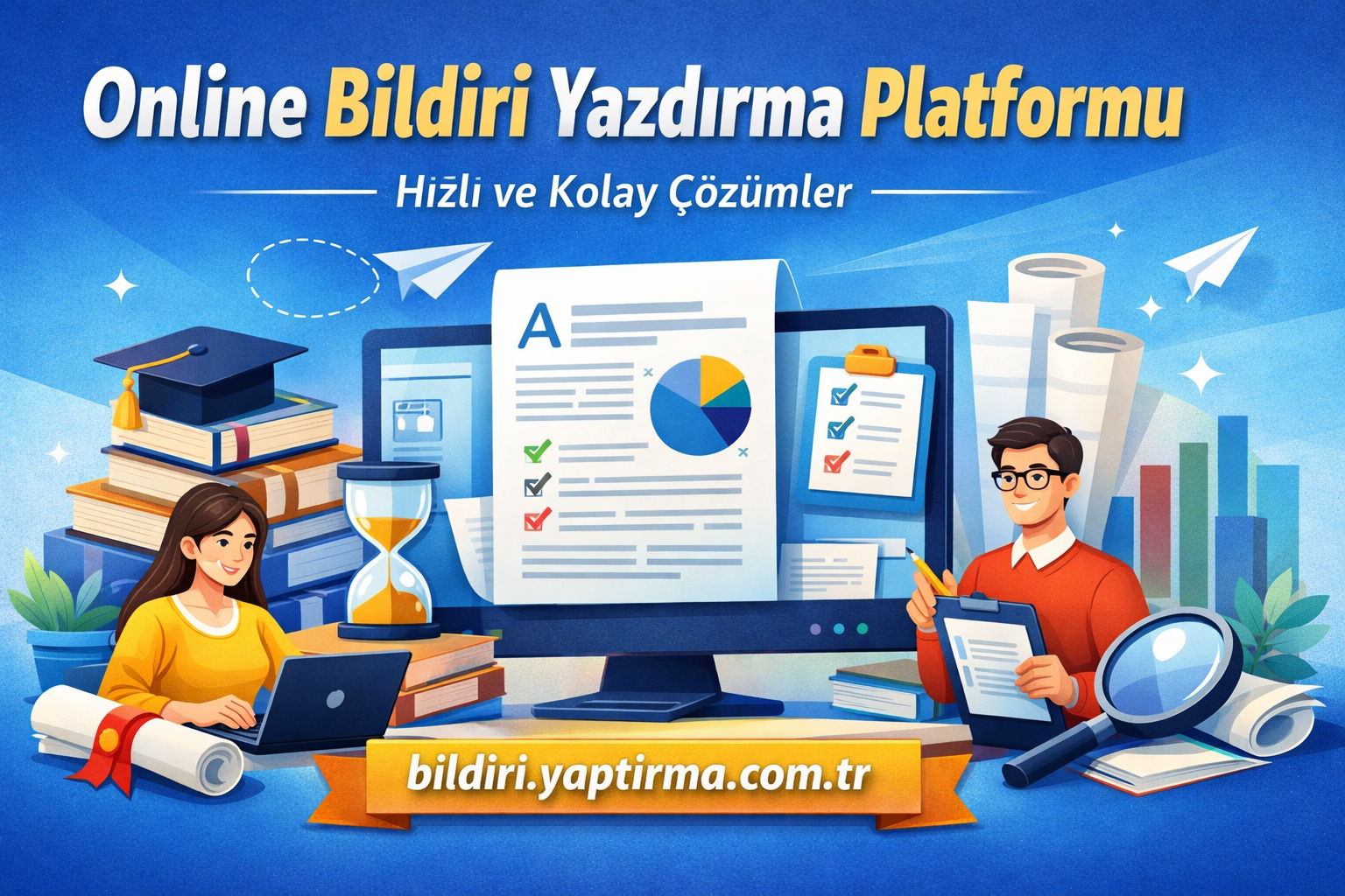 Bright blue banner for an online poster submission platform; two students with laptops, papers, charts, and the URL bildiri.yaptirma.com.tr shown.
