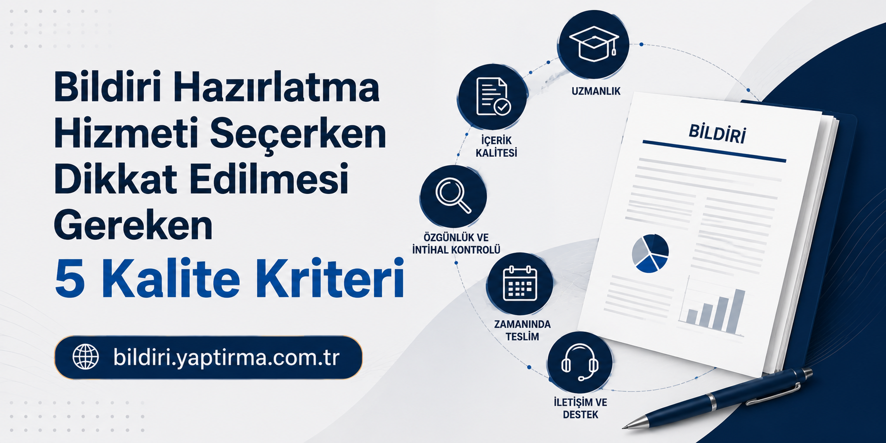 Overview image of a Turkish poster about 5 quality criteria for notice preparation services with a document and icons on the right.